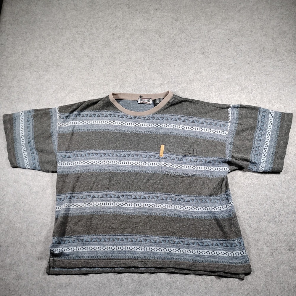 Vintage Quiksilver 90s Aztec Stripe Pocket Crop T-Shirt Mens L Grey Geometric